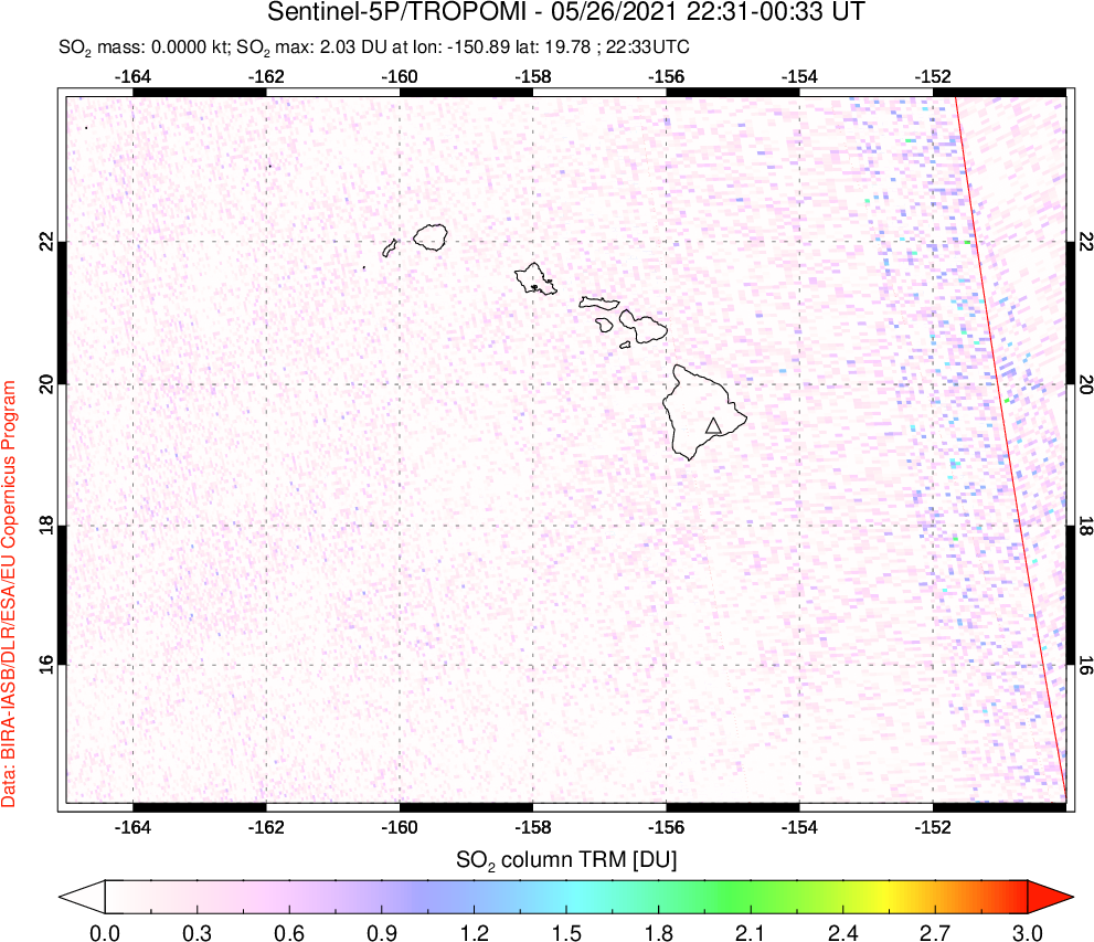 A sulfur dioxide image over Hawaii, USA on May 26, 2021.