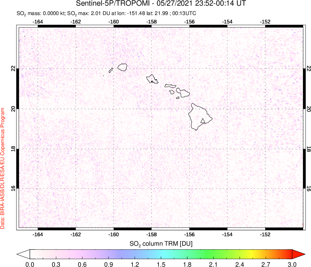 A sulfur dioxide image over Hawaii, USA on May 27, 2021.