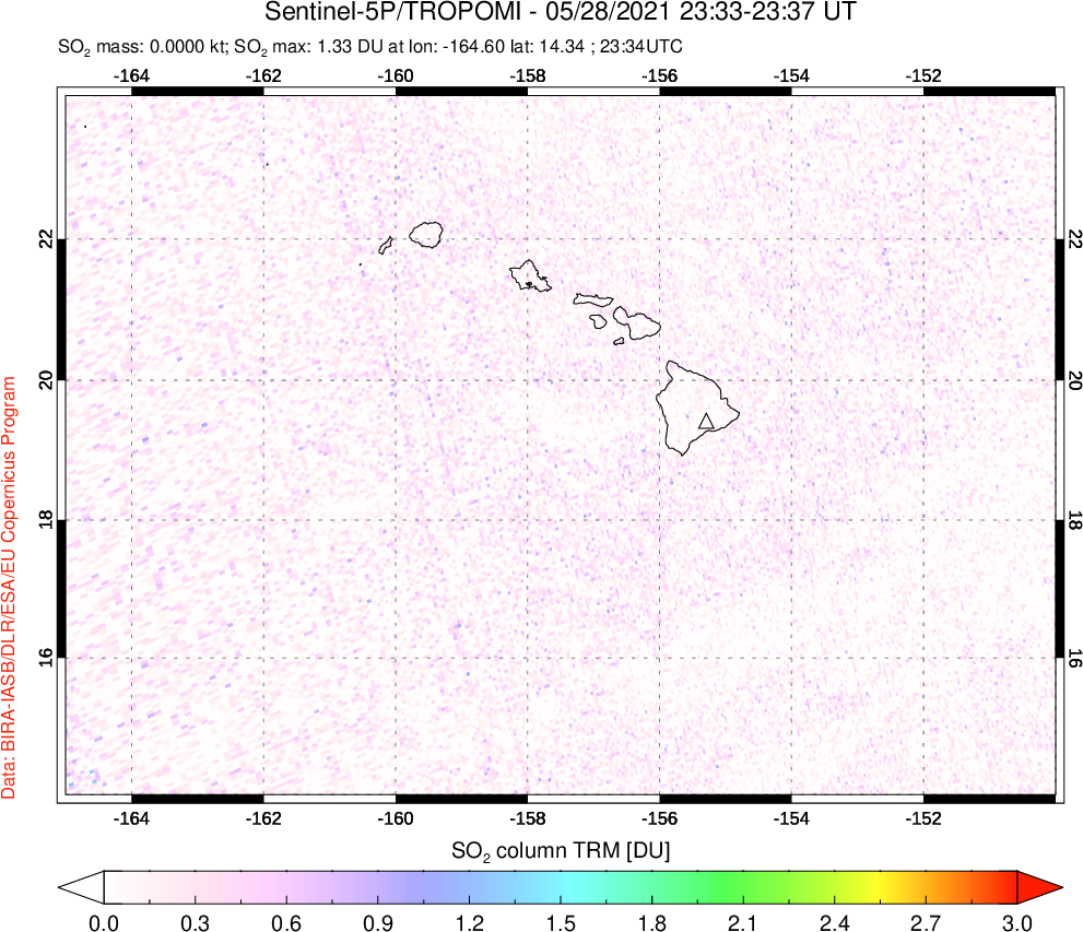 A sulfur dioxide image over Hawaii, USA on May 28, 2021.