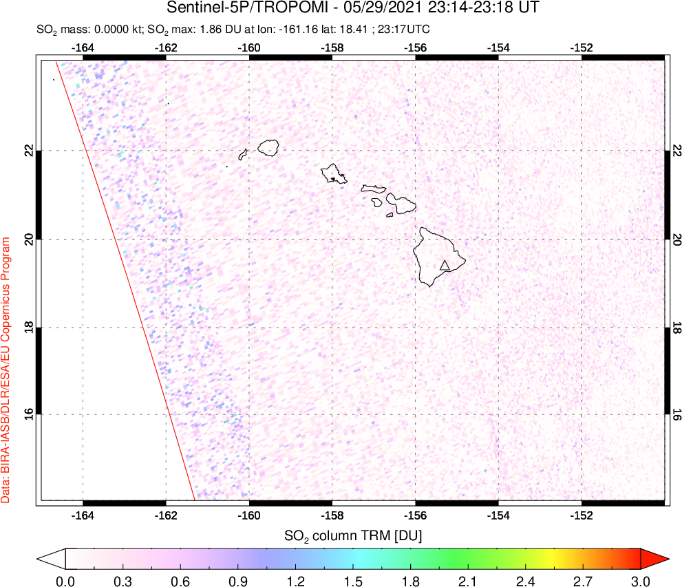 A sulfur dioxide image over Hawaii, USA on May 29, 2021.