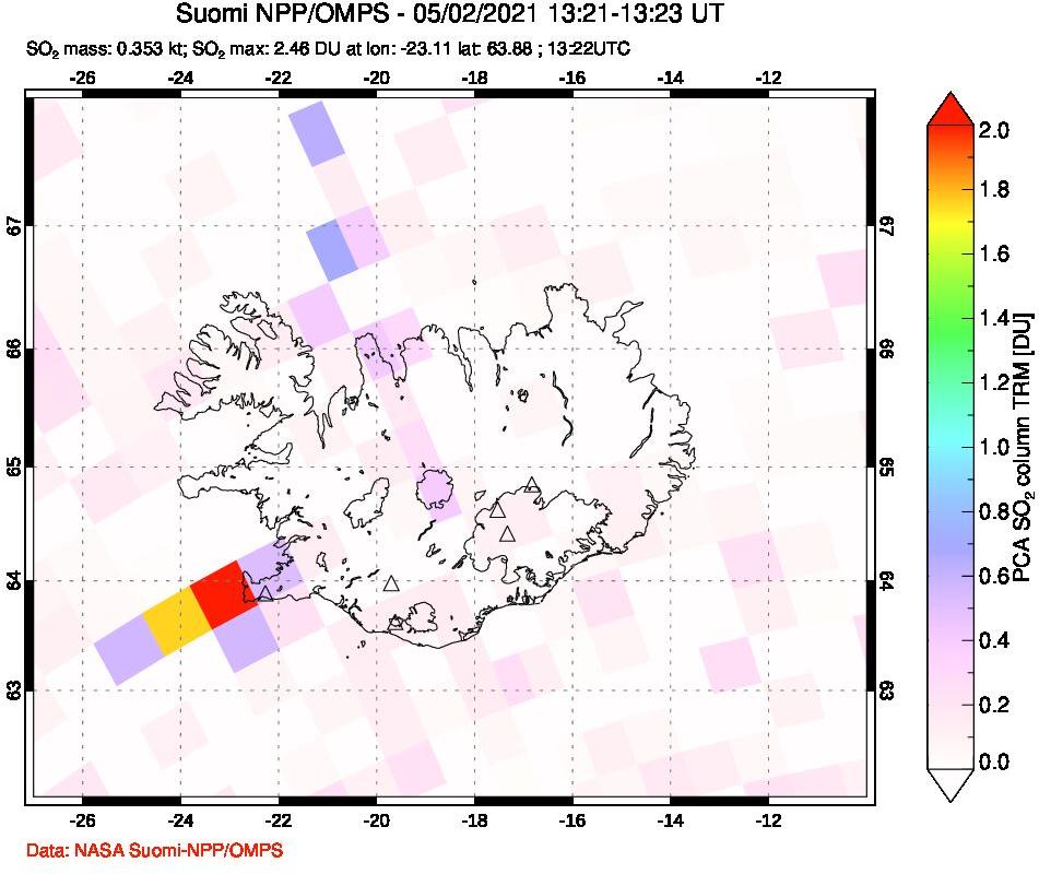 A sulfur dioxide image over Iceland on May 02, 2021.