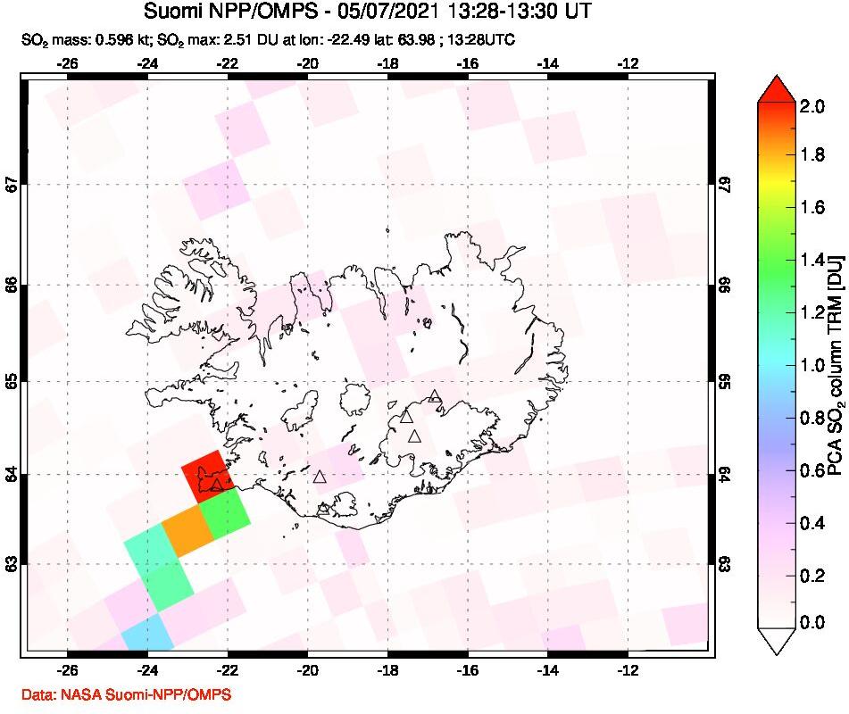 A sulfur dioxide image over Iceland on May 07, 2021.