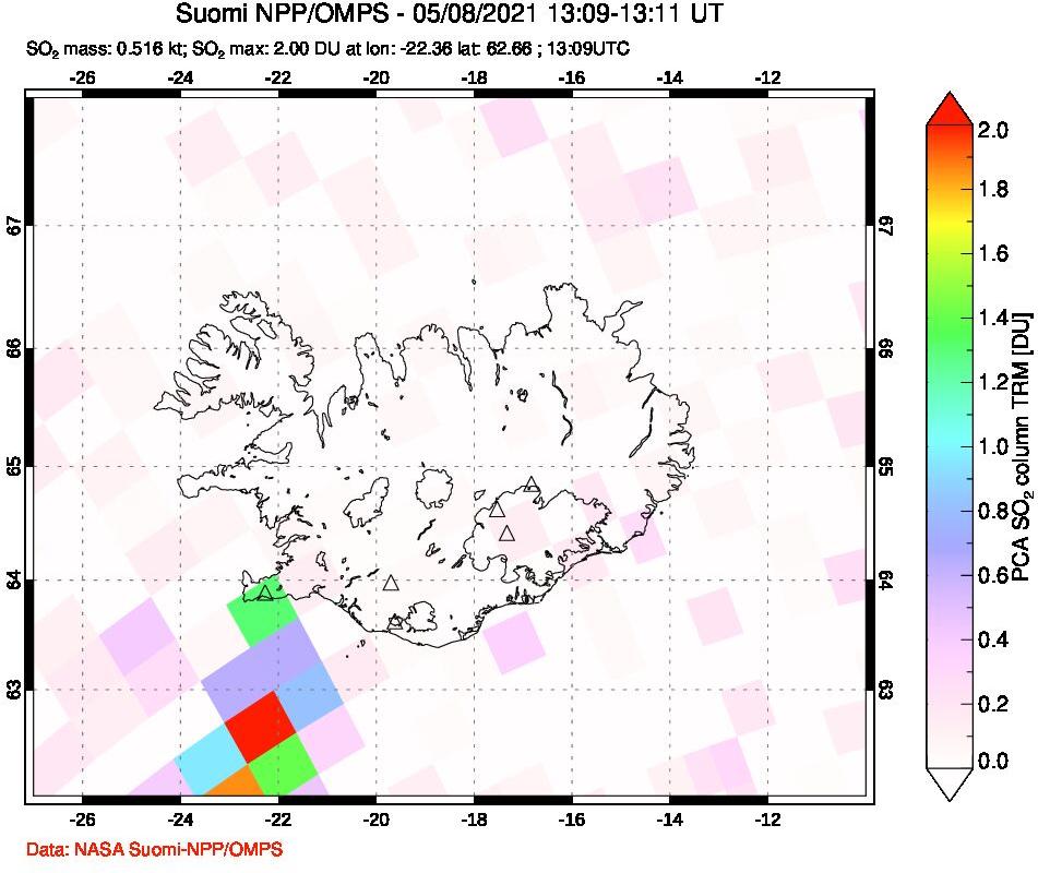 A sulfur dioxide image over Iceland on May 08, 2021.