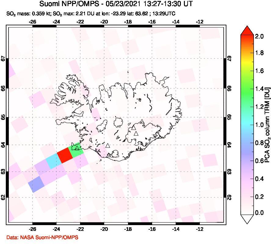 A sulfur dioxide image over Iceland on May 23, 2021.
