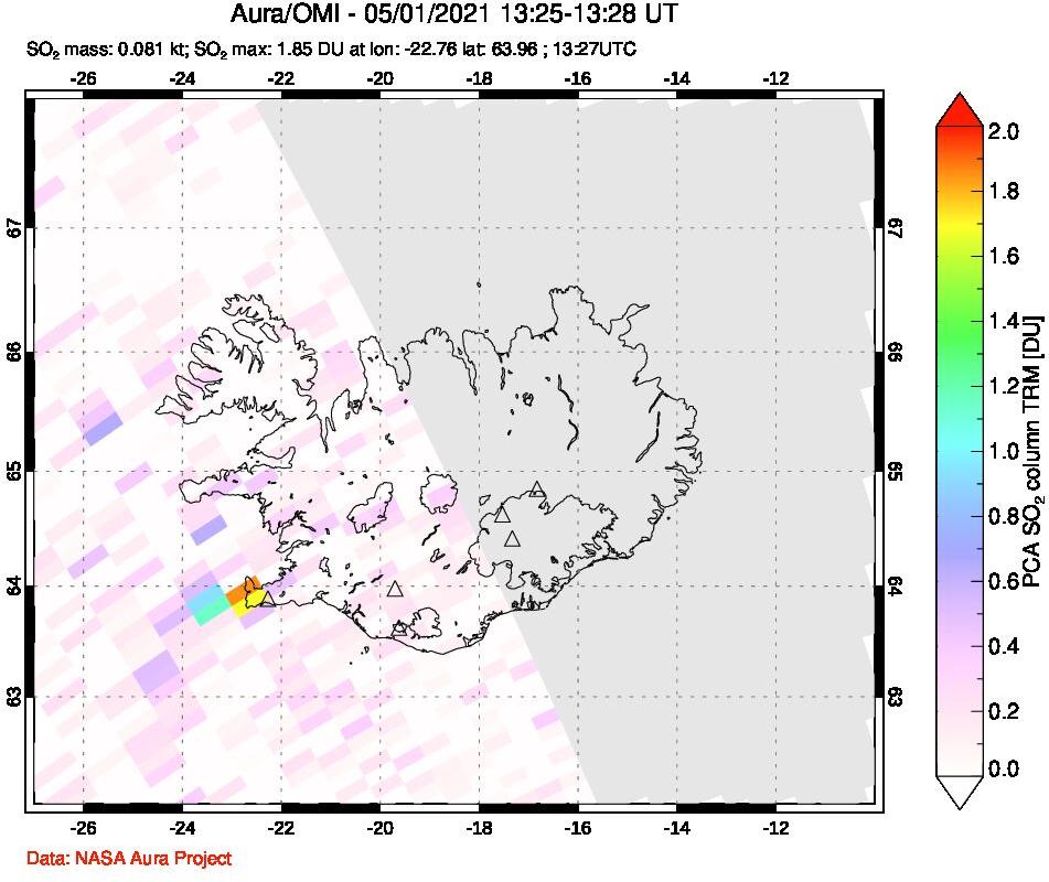 A sulfur dioxide image over Iceland on May 01, 2021.