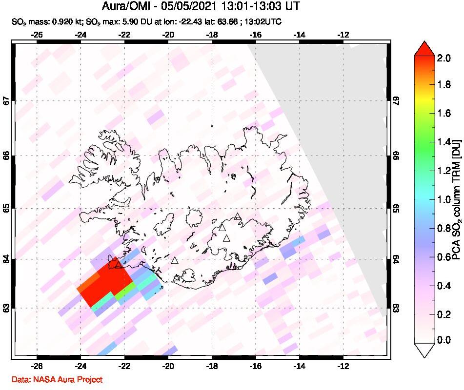 A sulfur dioxide image over Iceland on May 05, 2021.