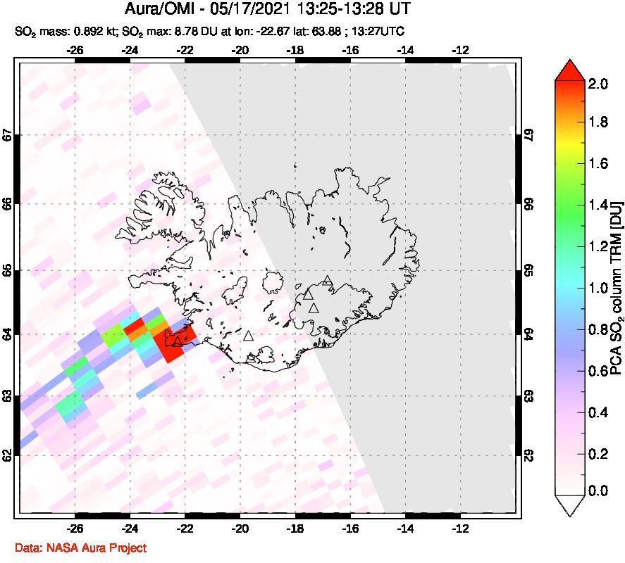 A sulfur dioxide image over Iceland on May 17, 2021.