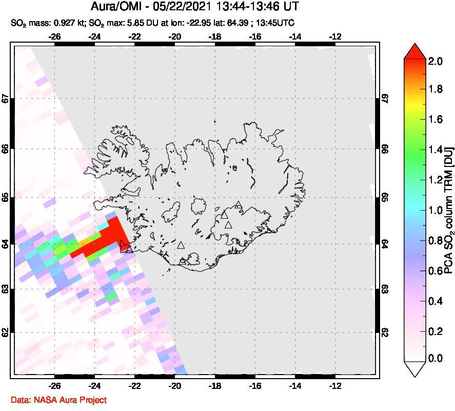 A sulfur dioxide image over Iceland on May 22, 2021.