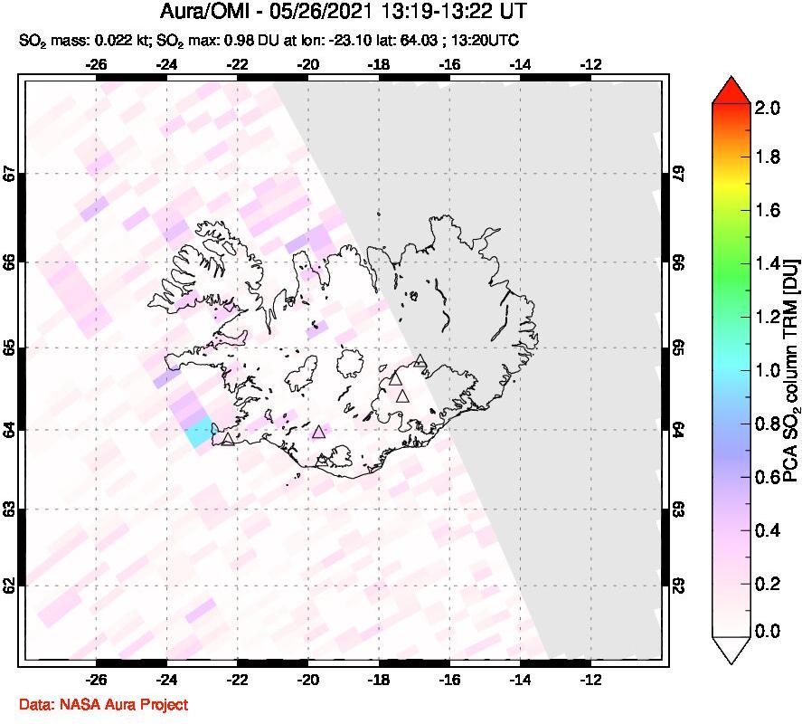 A sulfur dioxide image over Iceland on May 26, 2021.