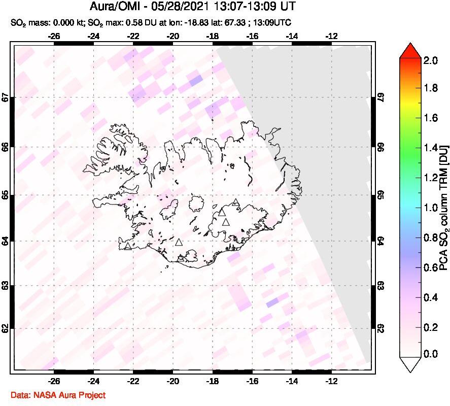 A sulfur dioxide image over Iceland on May 28, 2021.