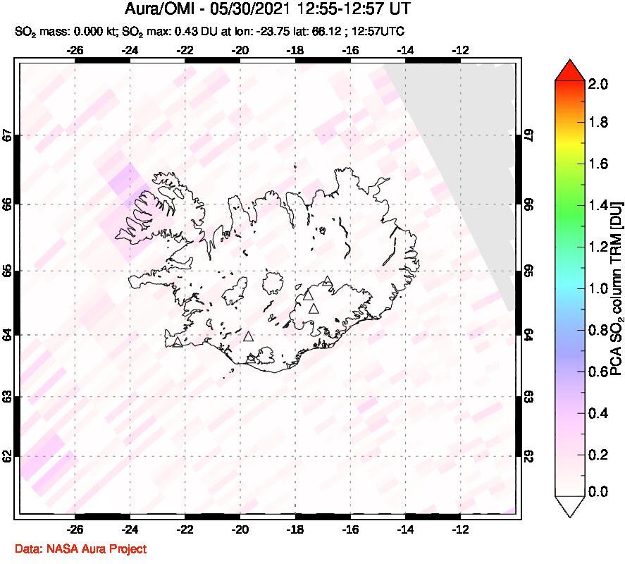 A sulfur dioxide image over Iceland on May 30, 2021.
