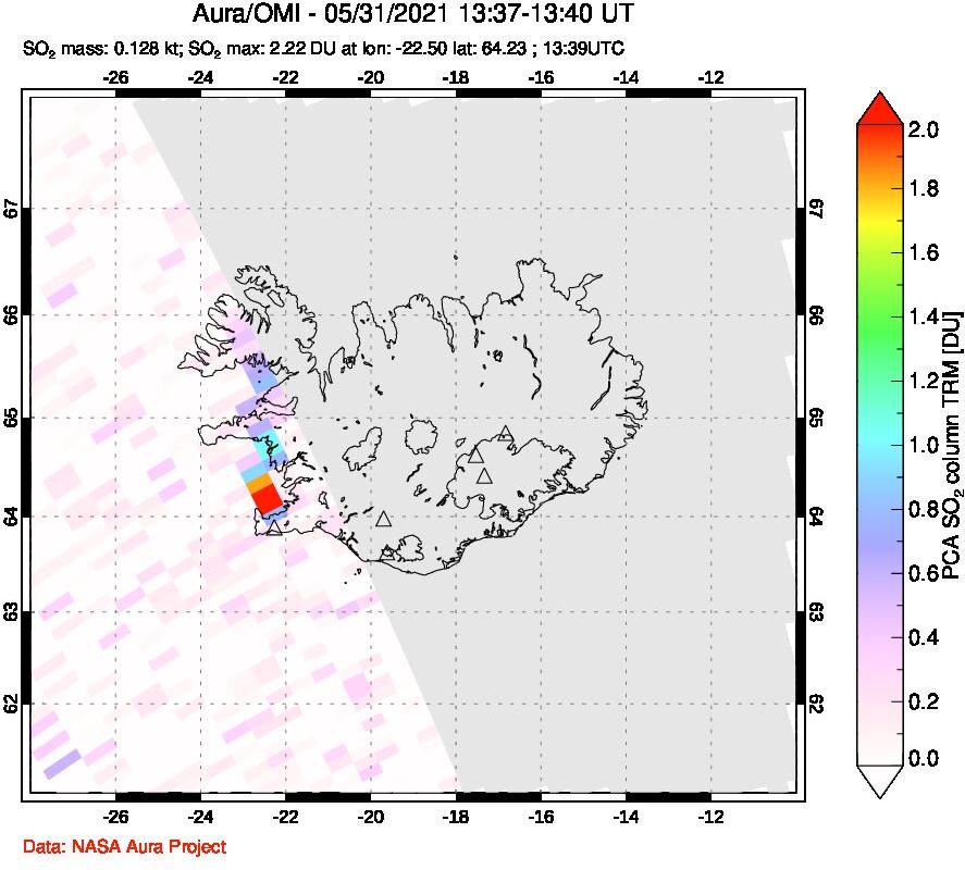 A sulfur dioxide image over Iceland on May 31, 2021.