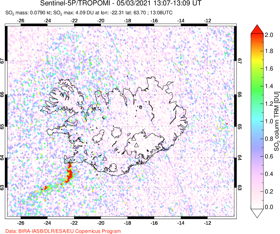A sulfur dioxide image over Iceland on May 03, 2021.