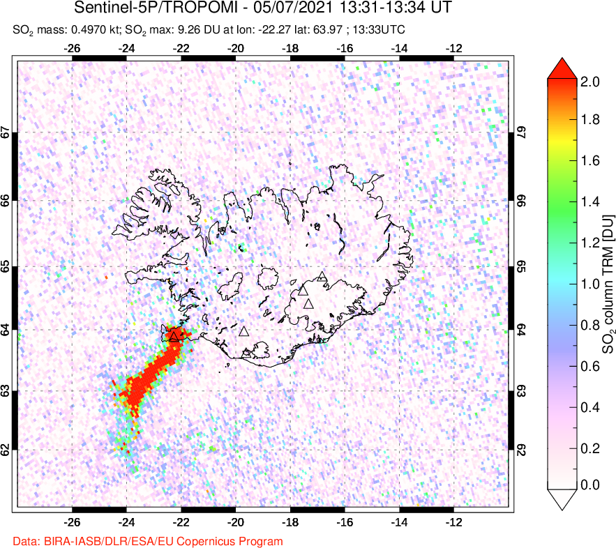 A sulfur dioxide image over Iceland on May 07, 2021.