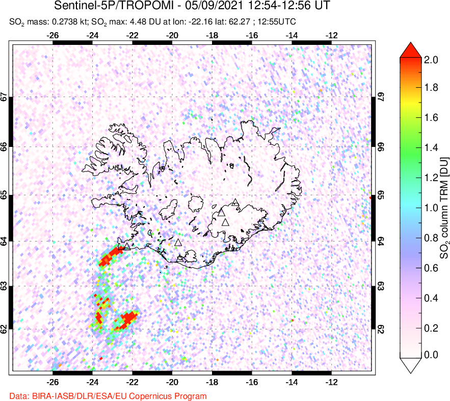 A sulfur dioxide image over Iceland on May 09, 2021.