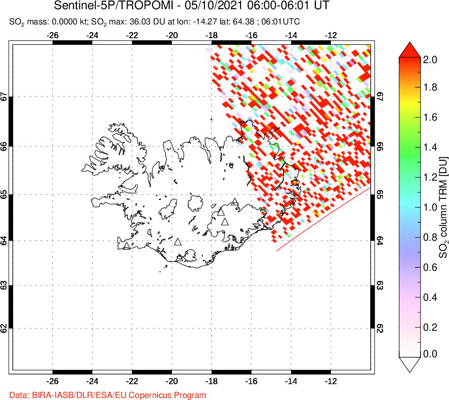 A sulfur dioxide image over Iceland on May 10, 2021.