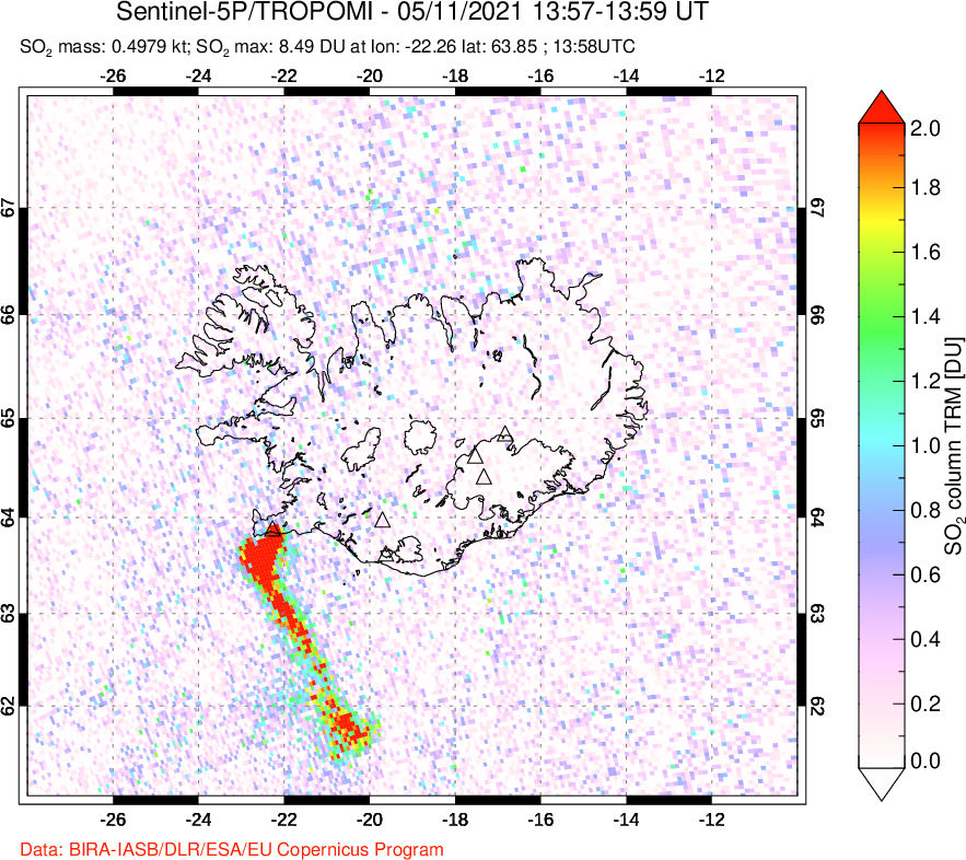 A sulfur dioxide image over Iceland on May 11, 2021.