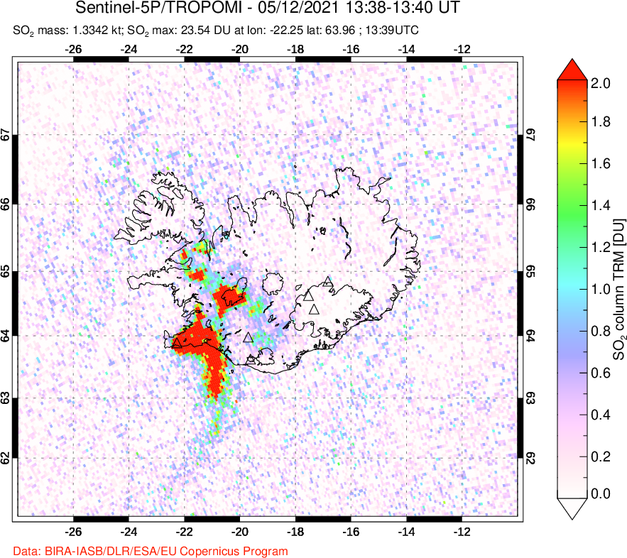 A sulfur dioxide image over Iceland on May 12, 2021.
