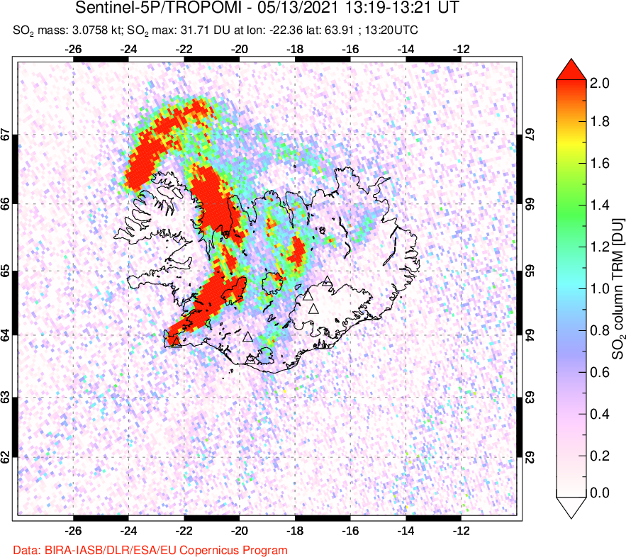 A sulfur dioxide image over Iceland on May 13, 2021.