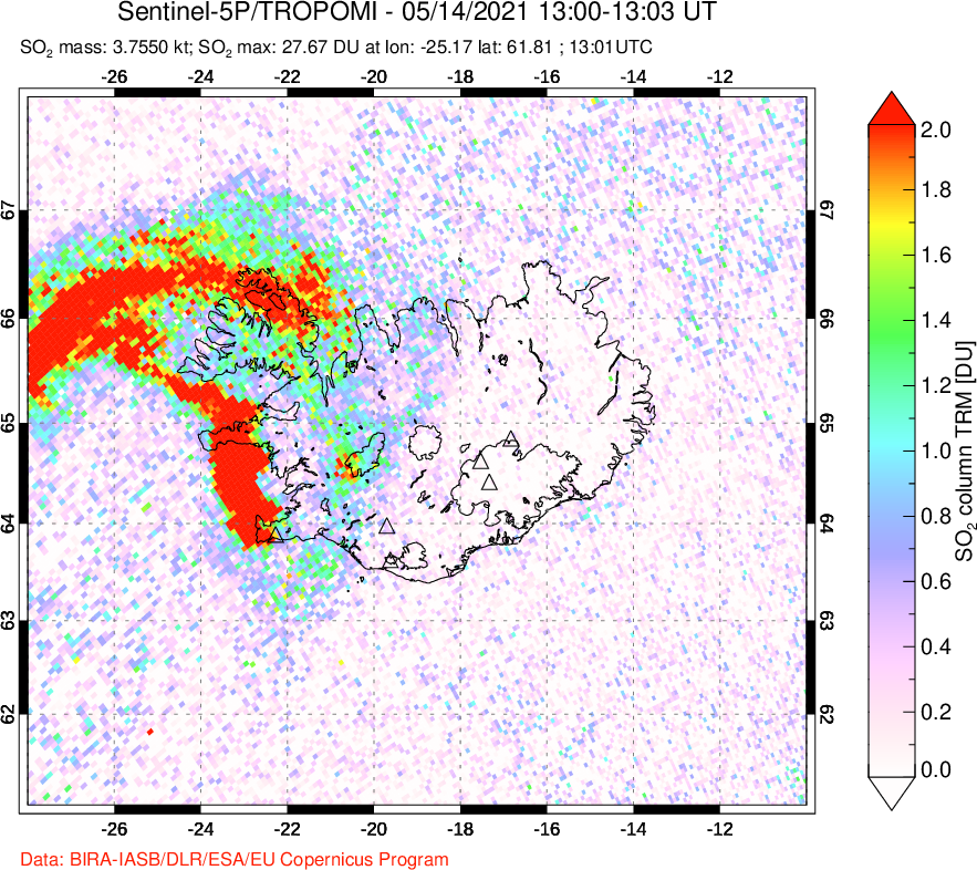 A sulfur dioxide image over Iceland on May 14, 2021.