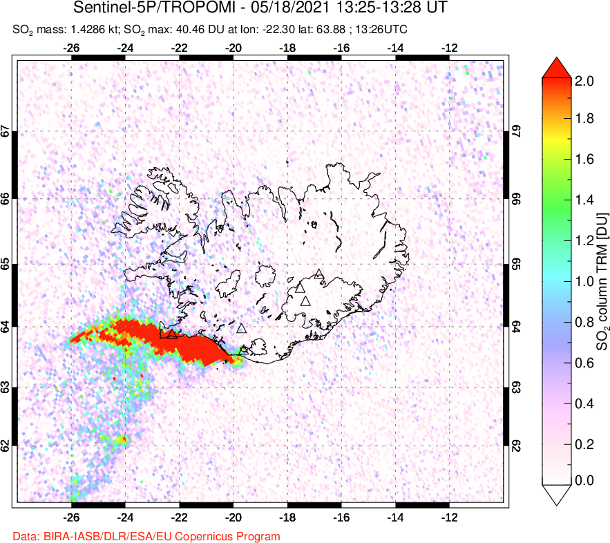 A sulfur dioxide image over Iceland on May 18, 2021.