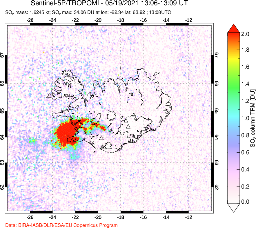 A sulfur dioxide image over Iceland on May 19, 2021.