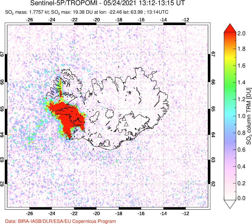 A sulfur dioxide image over Iceland on May 24, 2021.