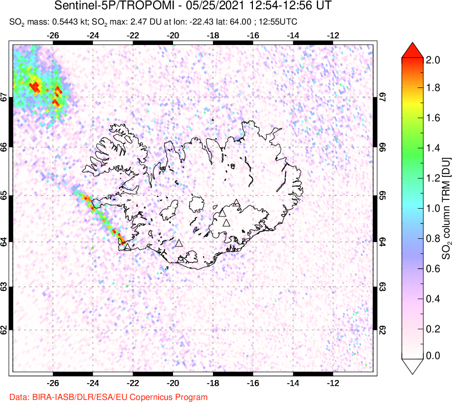 A sulfur dioxide image over Iceland on May 25, 2021.