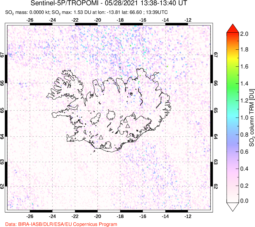 A sulfur dioxide image over Iceland on May 28, 2021.