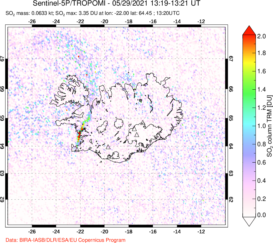 A sulfur dioxide image over Iceland on May 29, 2021.