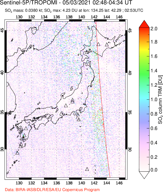 A sulfur dioxide image over Japan on May 03, 2021.