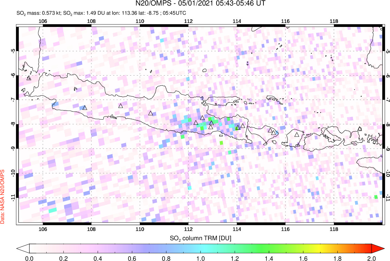 A sulfur dioxide image over Java, Indonesia on May 01, 2021.