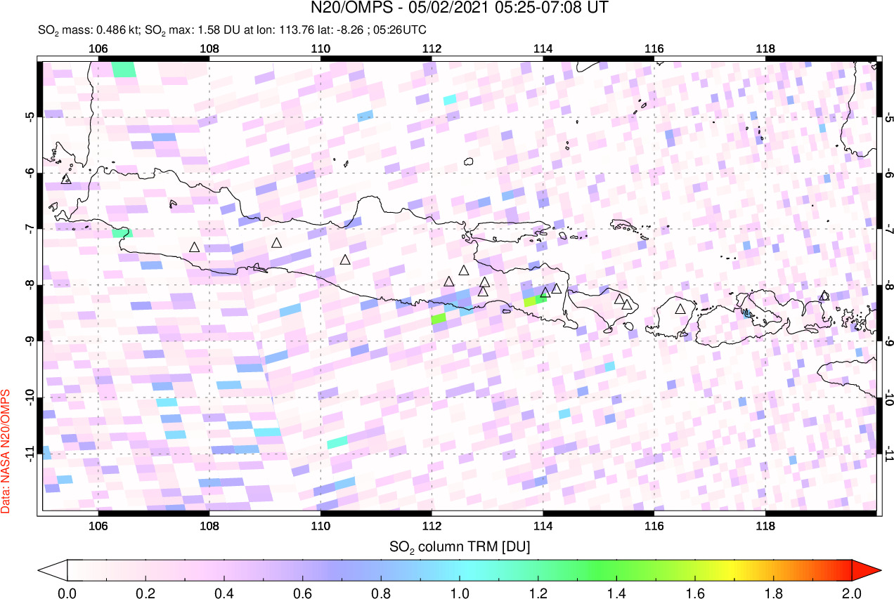 A sulfur dioxide image over Java, Indonesia on May 02, 2021.