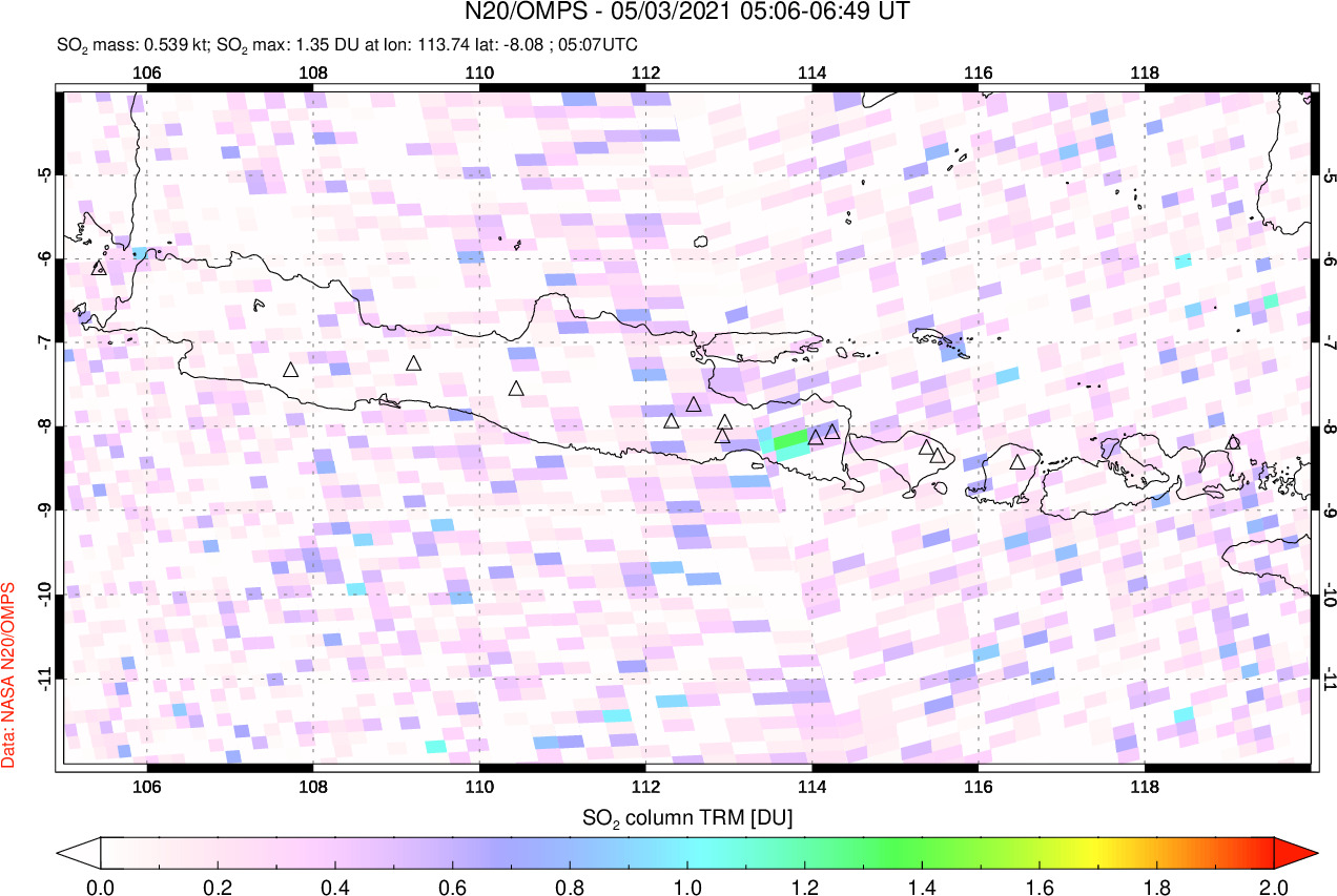 A sulfur dioxide image over Java, Indonesia on May 03, 2021.