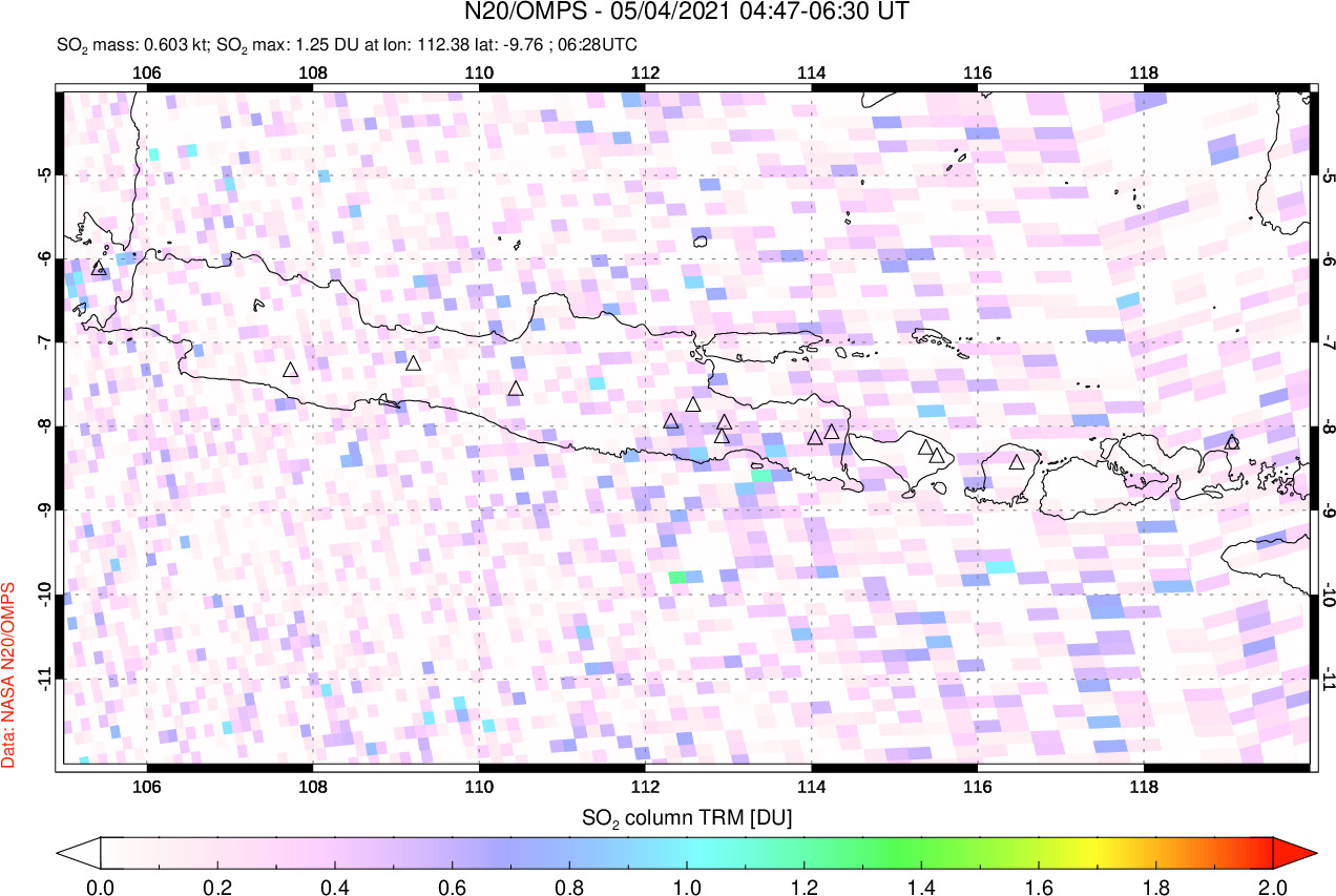 A sulfur dioxide image over Java, Indonesia on May 04, 2021.