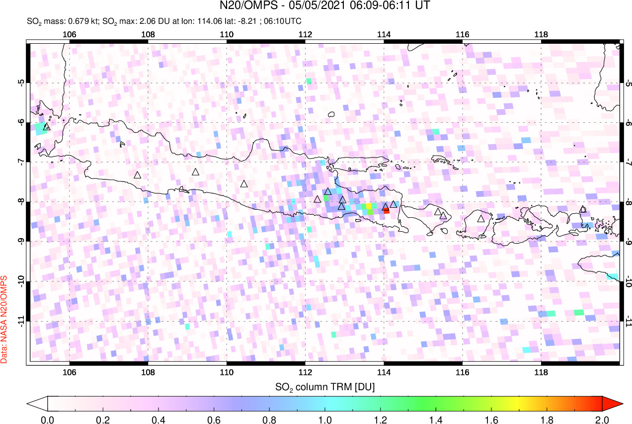 A sulfur dioxide image over Java, Indonesia on May 05, 2021.
