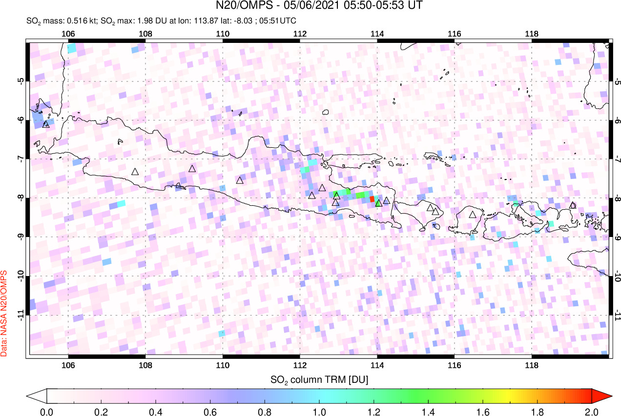 A sulfur dioxide image over Java, Indonesia on May 06, 2021.