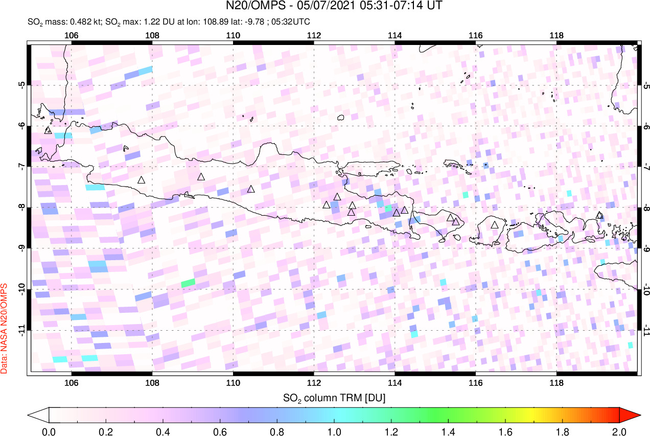 A sulfur dioxide image over Java, Indonesia on May 07, 2021.