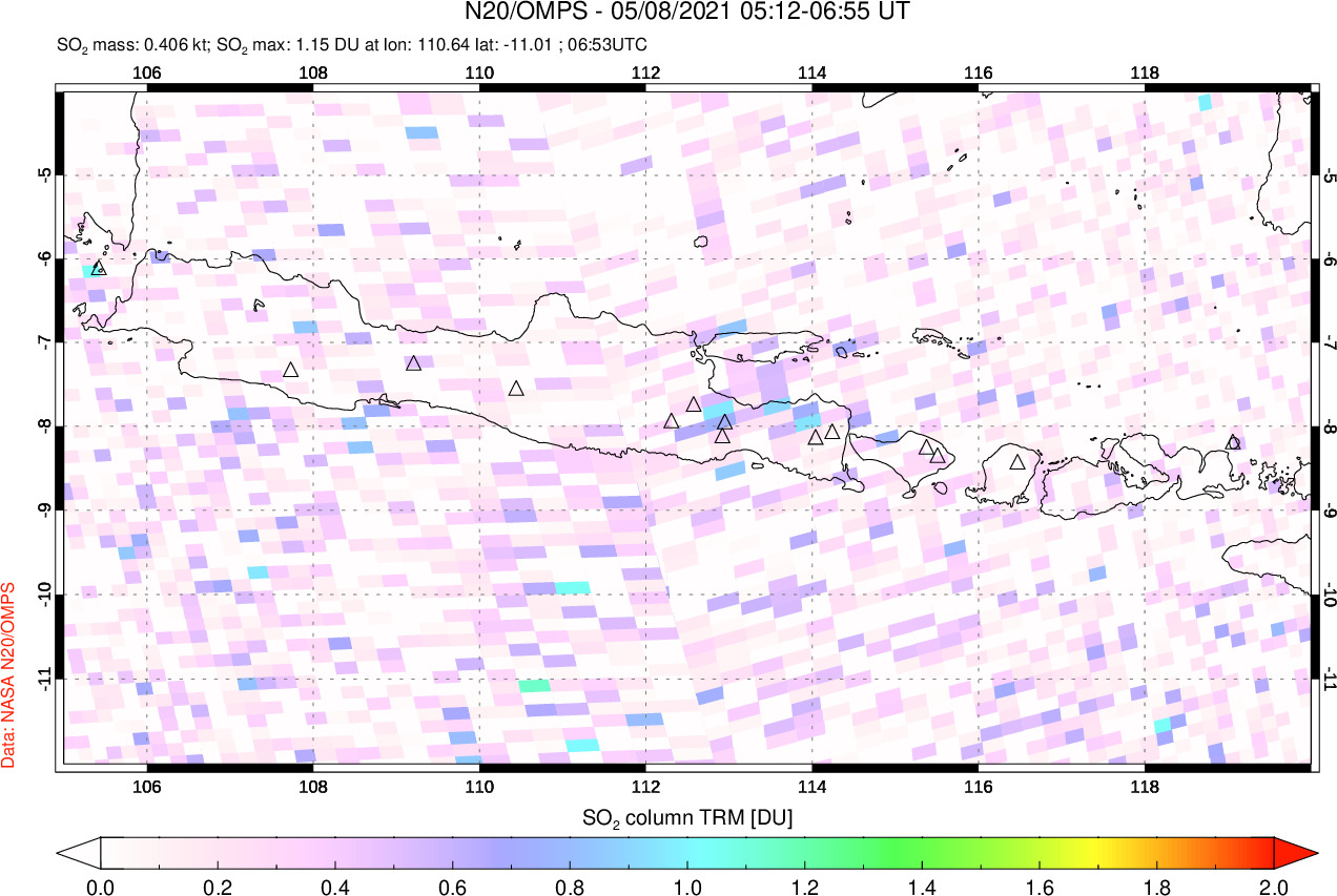 A sulfur dioxide image over Java, Indonesia on May 08, 2021.
