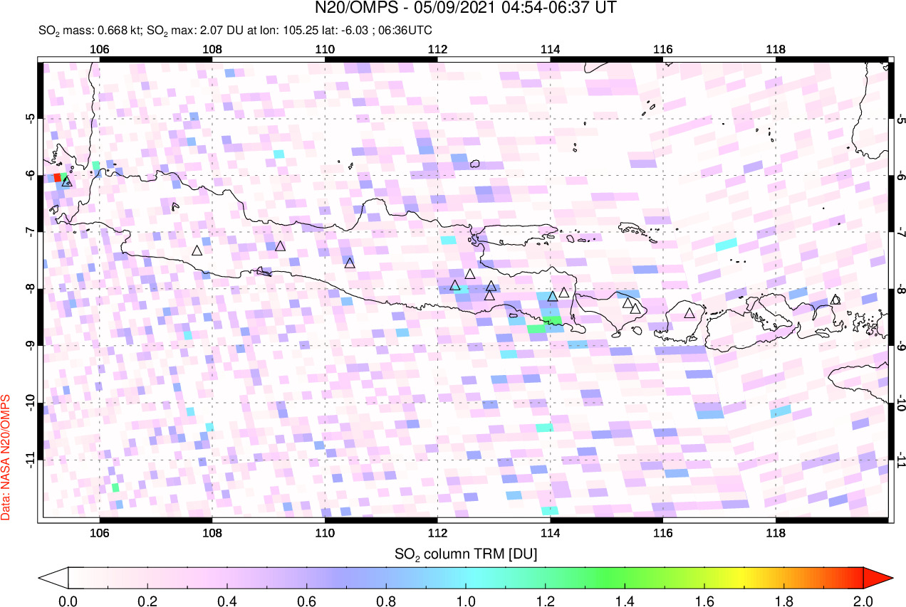 A sulfur dioxide image over Java, Indonesia on May 09, 2021.