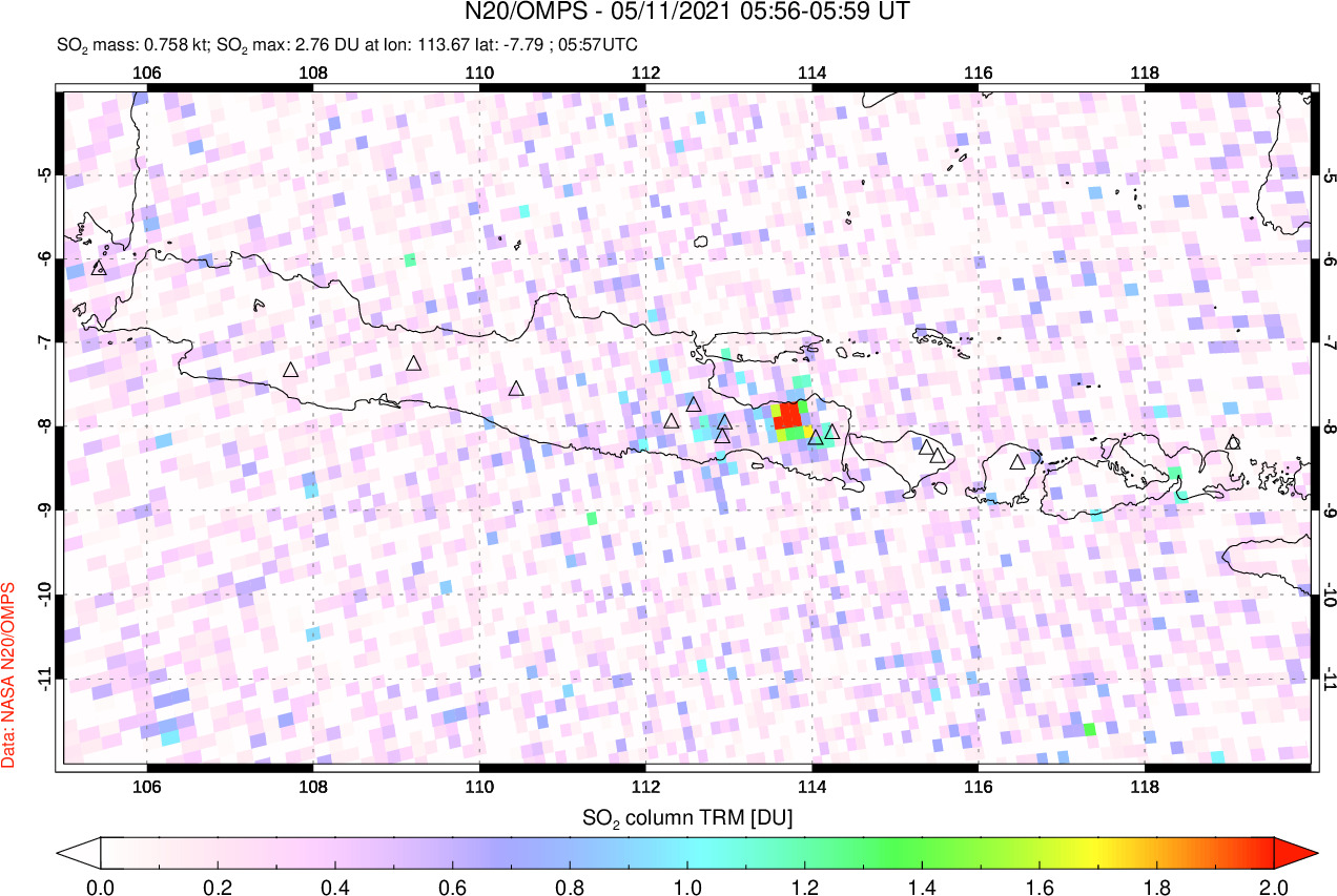 A sulfur dioxide image over Java, Indonesia on May 11, 2021.