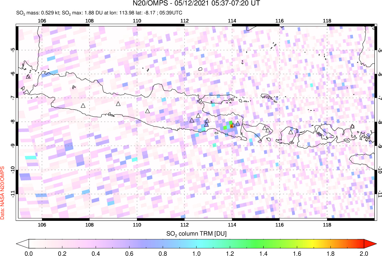 A sulfur dioxide image over Java, Indonesia on May 12, 2021.