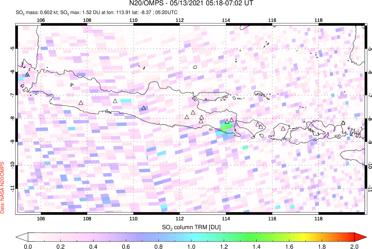 A sulfur dioxide image over Java, Indonesia on May 13, 2021.