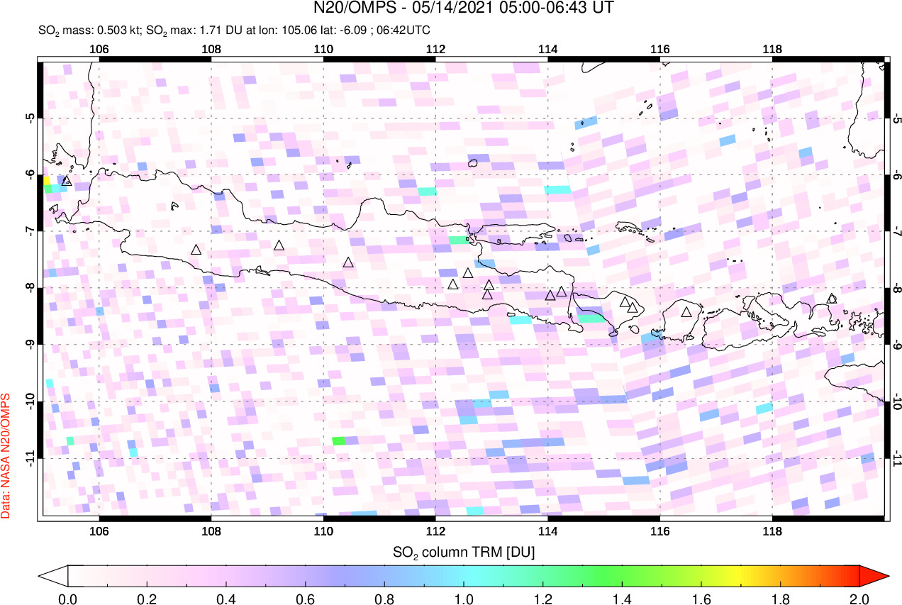 A sulfur dioxide image over Java, Indonesia on May 14, 2021.