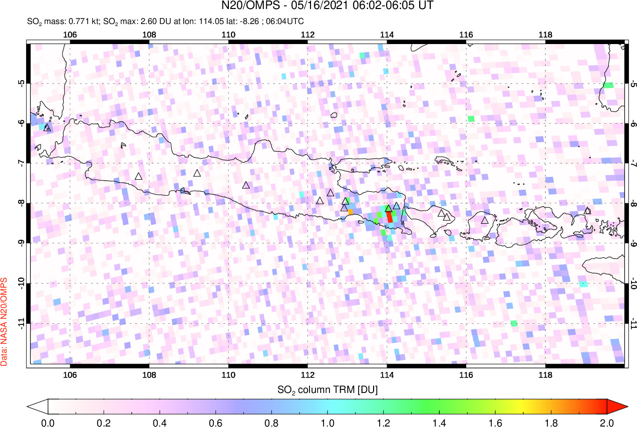 A sulfur dioxide image over Java, Indonesia on May 16, 2021.