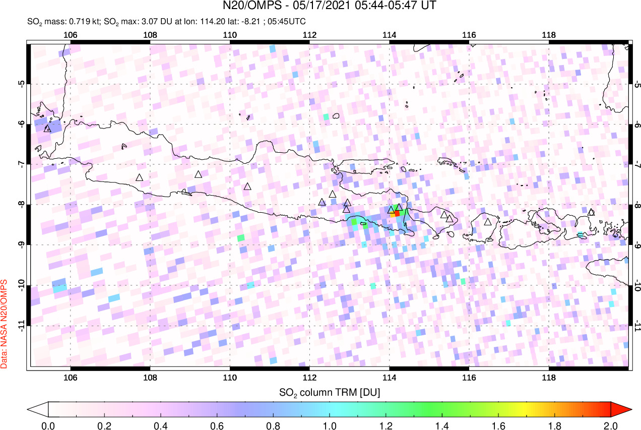 A sulfur dioxide image over Java, Indonesia on May 17, 2021.