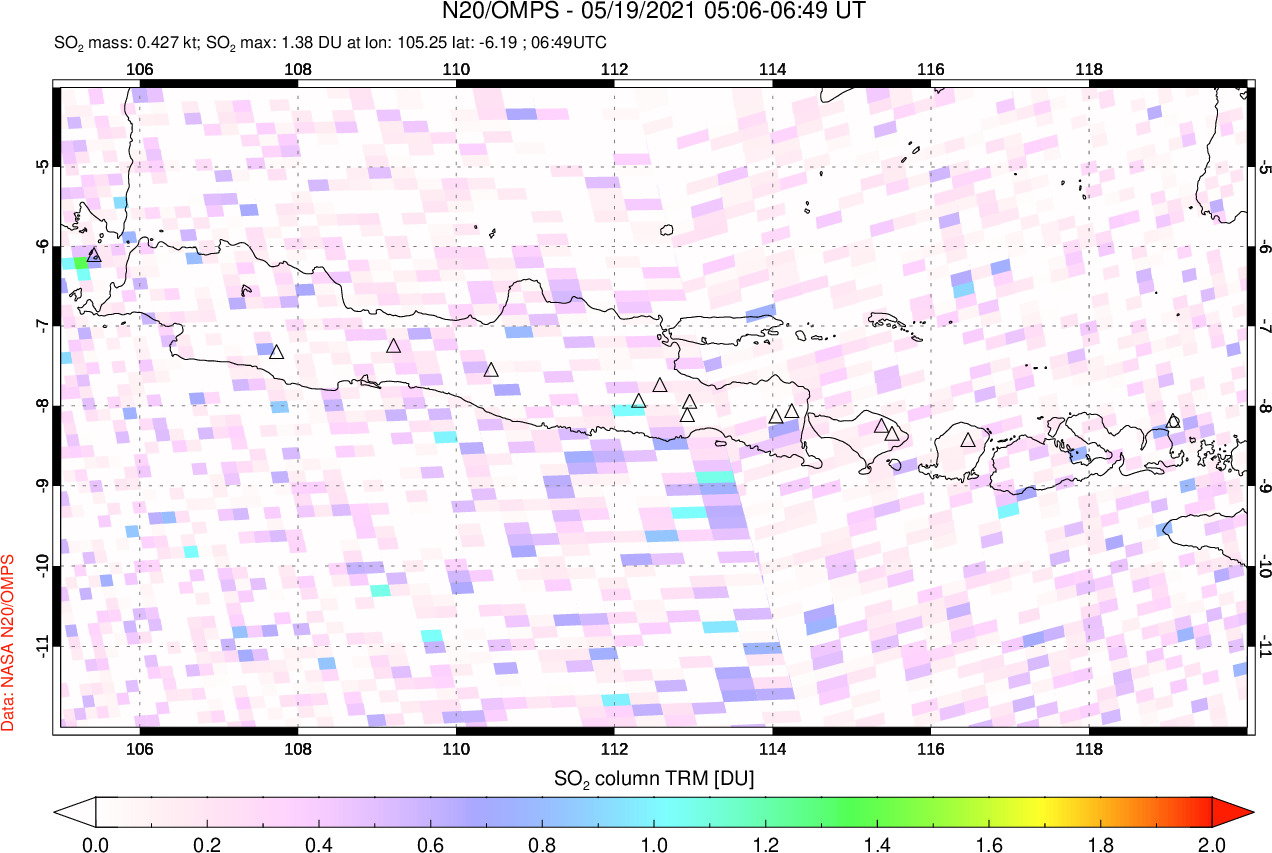 A sulfur dioxide image over Java, Indonesia on May 19, 2021.