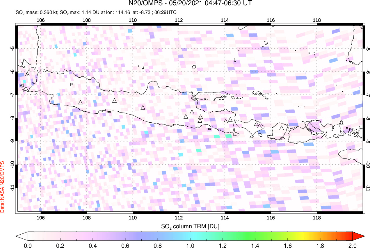 A sulfur dioxide image over Java, Indonesia on May 20, 2021.