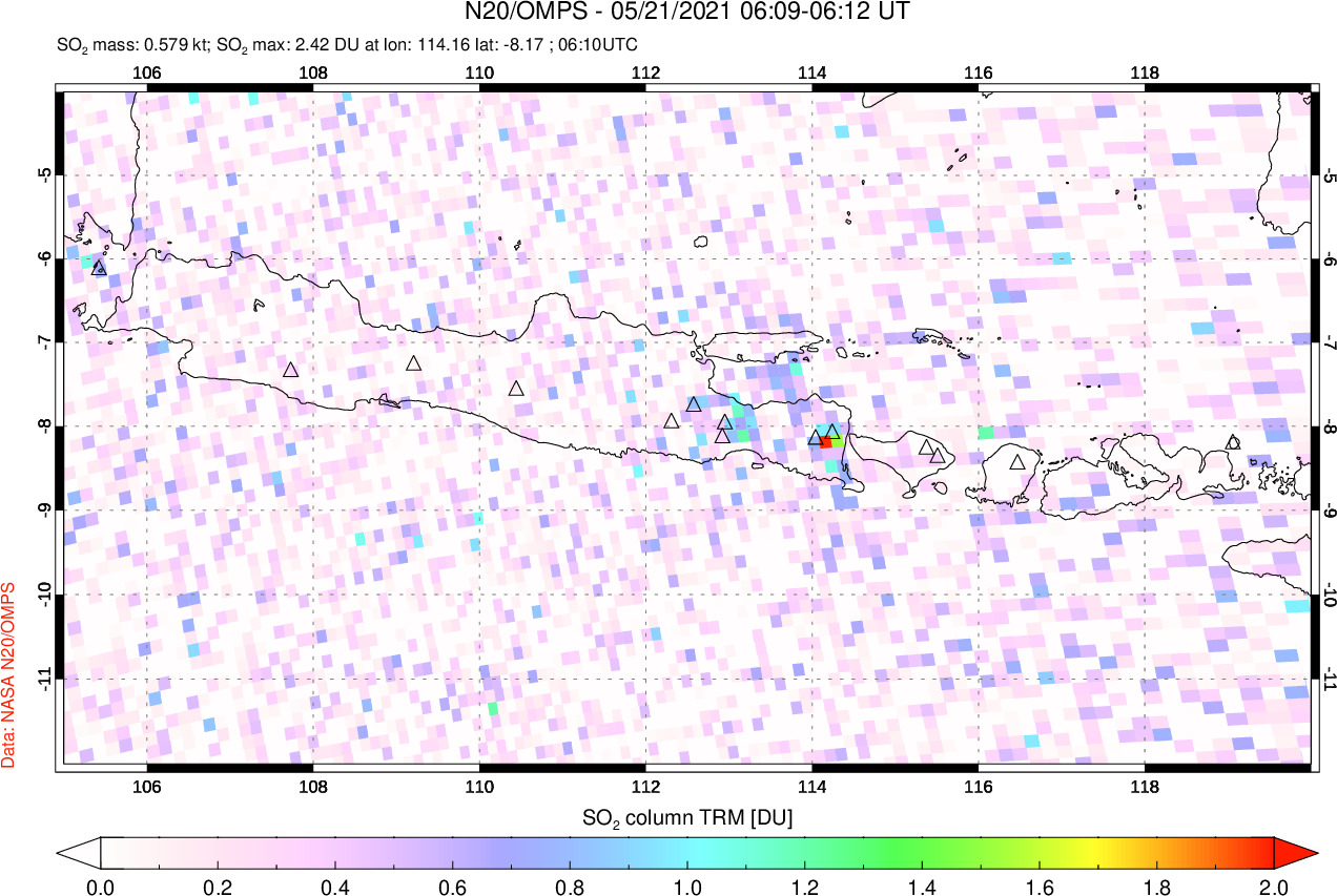 A sulfur dioxide image over Java, Indonesia on May 21, 2021.