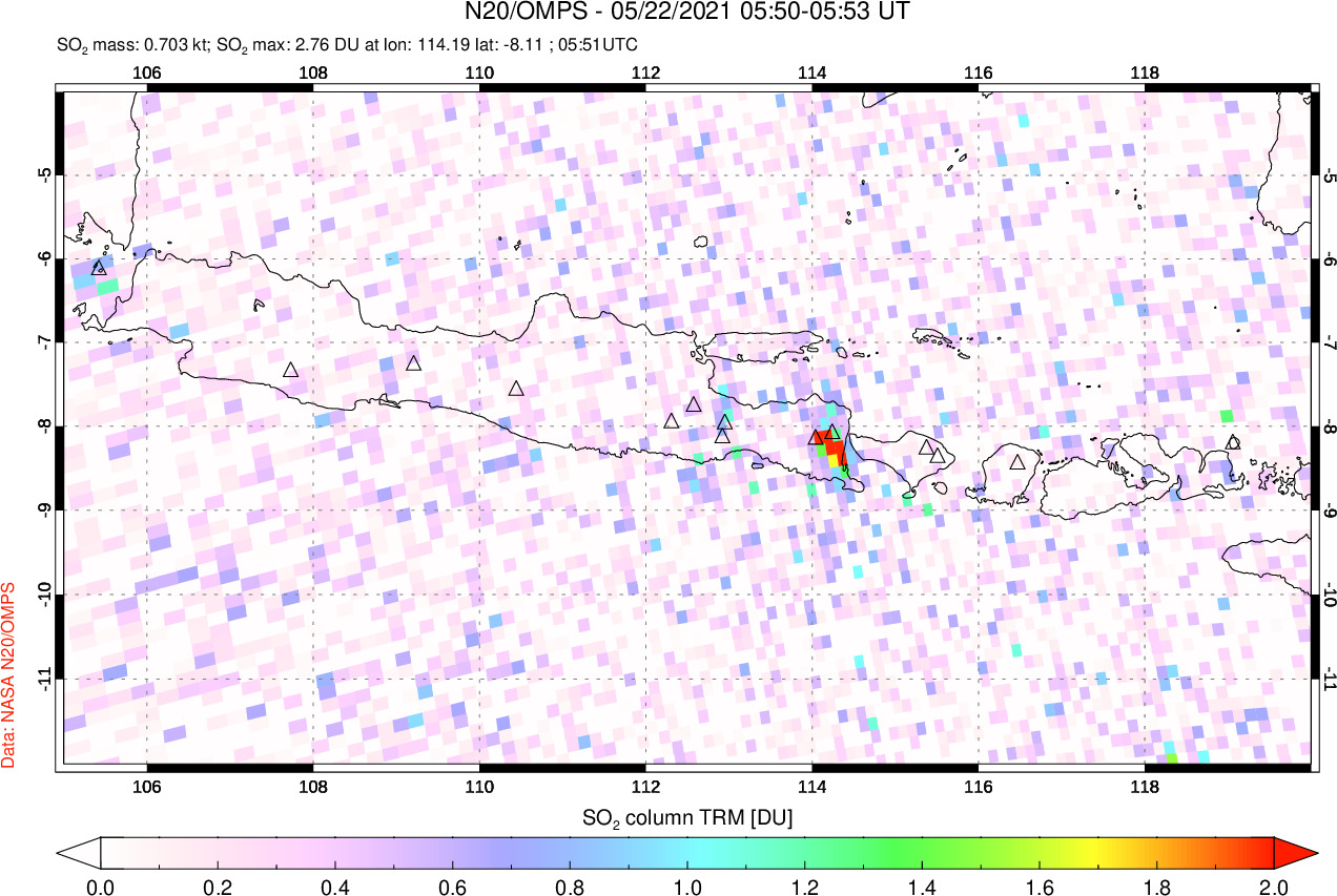 A sulfur dioxide image over Java, Indonesia on May 22, 2021.